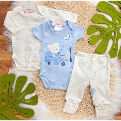 CONJ. DE MALHA 3 PEÇAS - Ursinho Aviador - Off White e Azul Claro